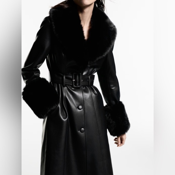 MANGO Leather Coat with Faux Fur Accents - Picture 4 of 8